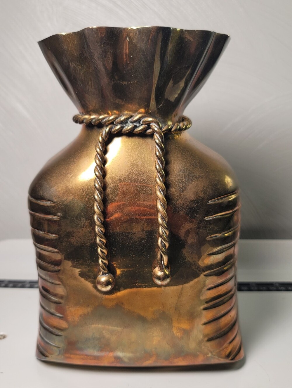 Vintage Brass Hollywood Regency Style Money Pouch With Twisted Rope Tie Accent